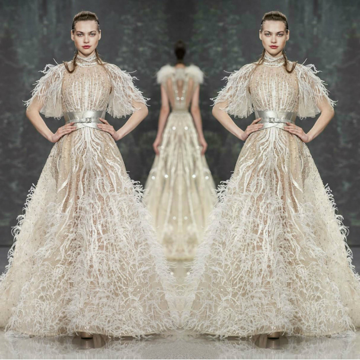 Ziad Nakad Luxury Prom Dresses A Line Sequins High Neck Feathers Beaded Evening Dress Customized Party Gowns vestidos de festa