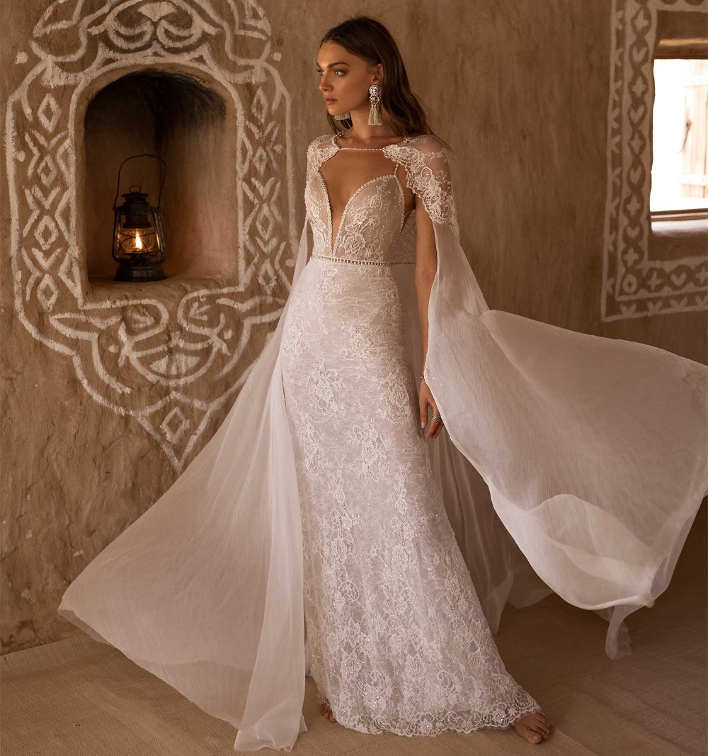 Mermaid Lace Amazing Beach Wedding Dresses With Cape Deep V Neck Floor Length Bridal Gowns Backless Trumpet Beaded Plus Size Robe De Marie