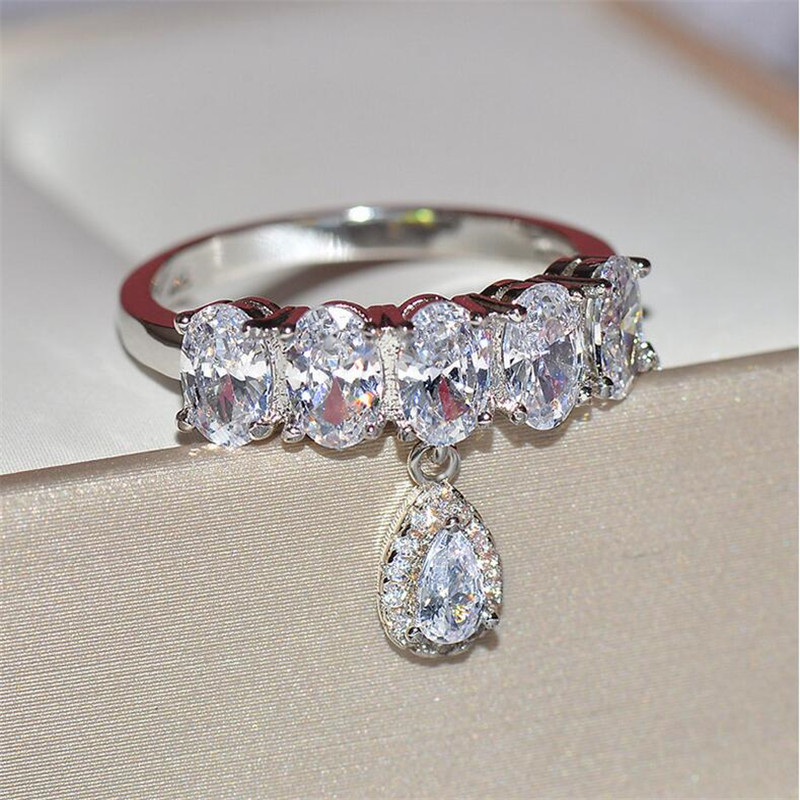 Classical Sweet Cute Lovely Jewelry 925 Sterling Silver Oval Cut White Topaz CZ Diamond Water Drop Party Engagement Wedding Band Ring Gift