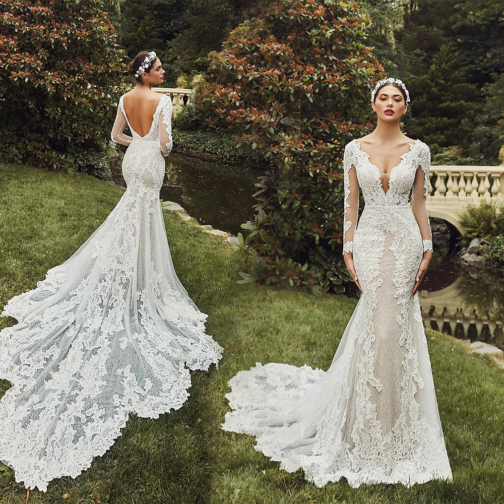 Backless Mermaid Wedding Dresses V Neck Long Sleeve Appliques Lace Sheath Wedding Dress Court Train Bridal Gown, Khaki
Backless Mermaid Wedding Dresses V Neck Long Sleeve Appliques Lace Sheath Wedding Dress Court Train Bridal Gown, Khaki
