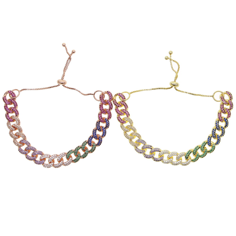 Adjust slider box chain gold rose gold 2 color micro pave rainbow cz Miami cuban link chain women bracelet fashion