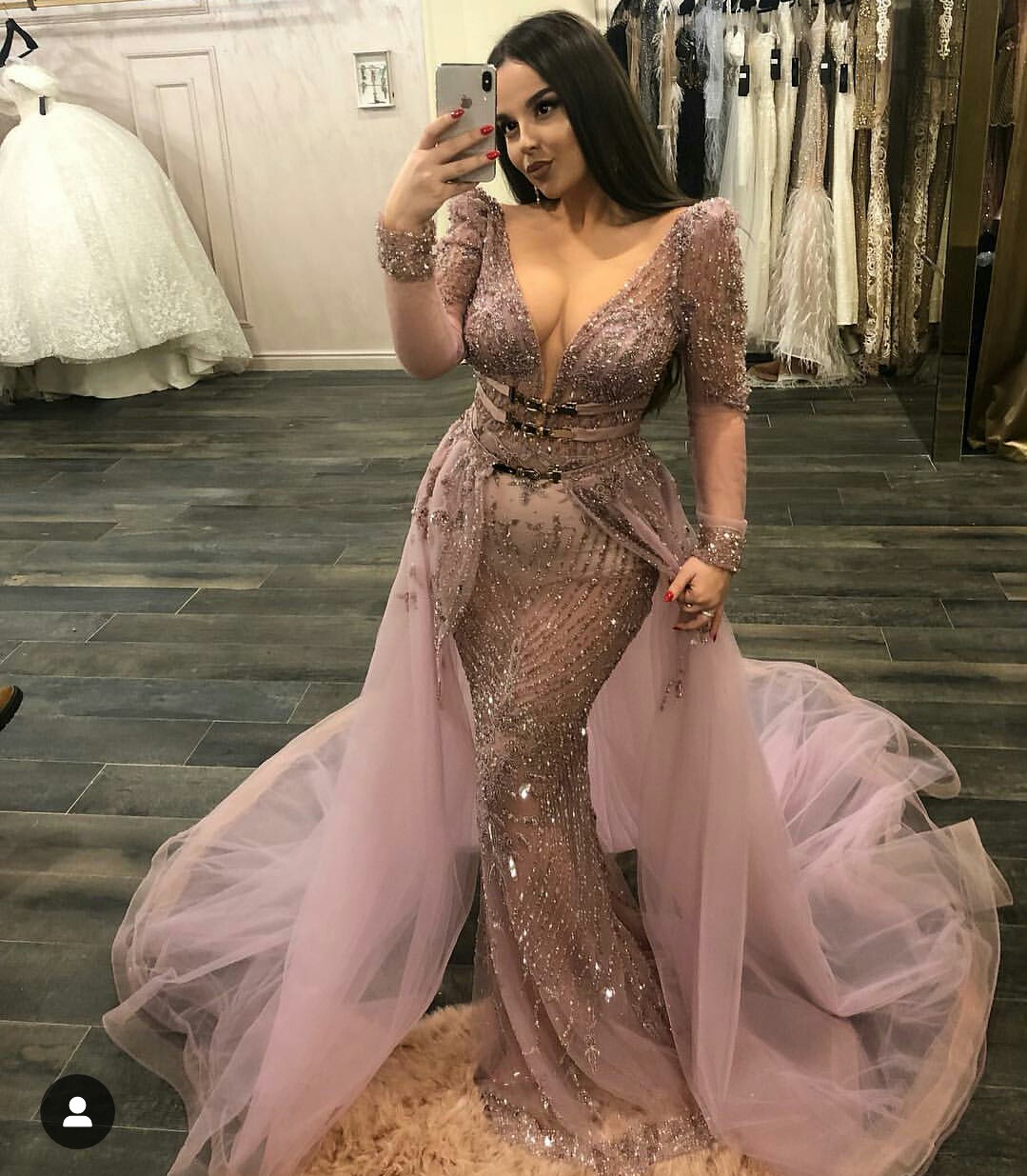2019 Gorgeous Mermaid Evening Dresses With Detachable Train V Neck Lace Sequined Long Sleeve Prom Gowns Party Wear Quinceanera Dresses