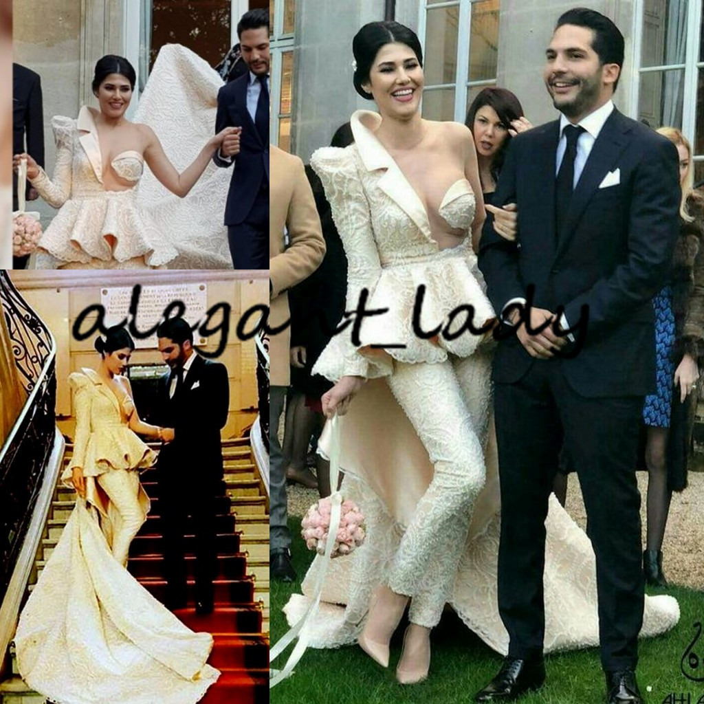 2020 Luxury Jumpsuit Wedding Dresses with Train 3D Lace Embroidery Sexy One Shoulder Long Sleeve Arabic Arabic Peplum Bridal Wedding Gown, Gold
2020 Luxury Jumpsuit Wedding Dresses with Train 3D Lace Embroidery Sexy One Shoulder Long Sleeve Arabic Arabic Peplum Bridal Wedding Gown, Gold