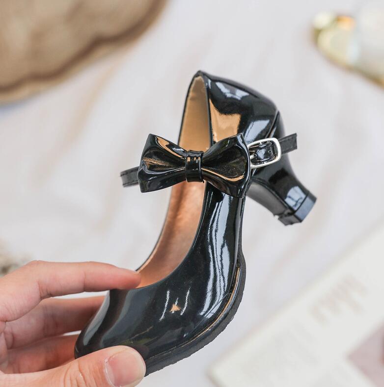 New hot princess leather dance shoes girls party bow shoes shiny Solid Red color high-heeled fashion leather for kids
