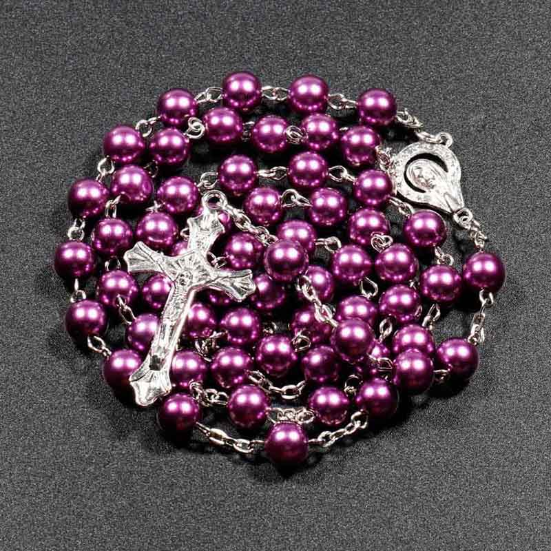 7 Colors Religious Catholic Rosary Necklaces Jesus Cross Pendant Long 8mm Pearl Beaded Chains For Women Men Christian Jewelry Accessories Gift Aesthet