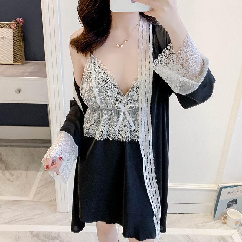 Lisacmvpnel Lace Patchwork Woman Robe Set Imitate Real Silk Nightdress Cardigan Two Paper Suit Bathrobe, Black
Lisacmvpnel Lace Patchwork Woman Robe Set Imitate Real Silk Nightdress Cardigan Two Paper Suit Bathrobe, Black