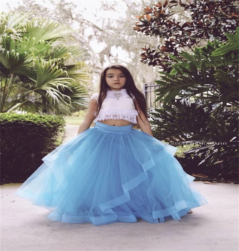 Two Piece White And Blue Birthday Gown Crystal Applique Lace Ruched Tulle Pageant Gown Jewel Sleeveless Floor-length Flower Girl Dress Cheap