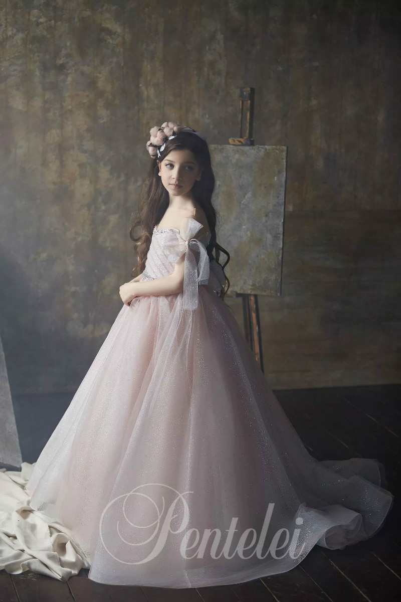 Lovely Ball Gown Flower Girl Dresses Off Shoulder Sleeveless Bow Sequins Crystal Pageant Dress Floor Length Girl's Birthday Party 0431