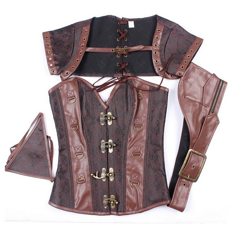 4pcs Set Women Medieval Steampunk Gothic Jacquard Overbust Corset Top with Bolero Jacket PU Leather Belt and Thong Costume S-6XL Plus Size