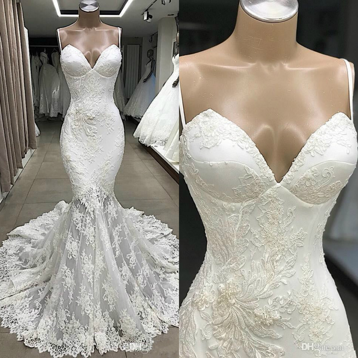elegant mermaid lace wedding dresses spaghetti neck sexy appliqued bridal gowns bohemian plus size vestidos wedding dress