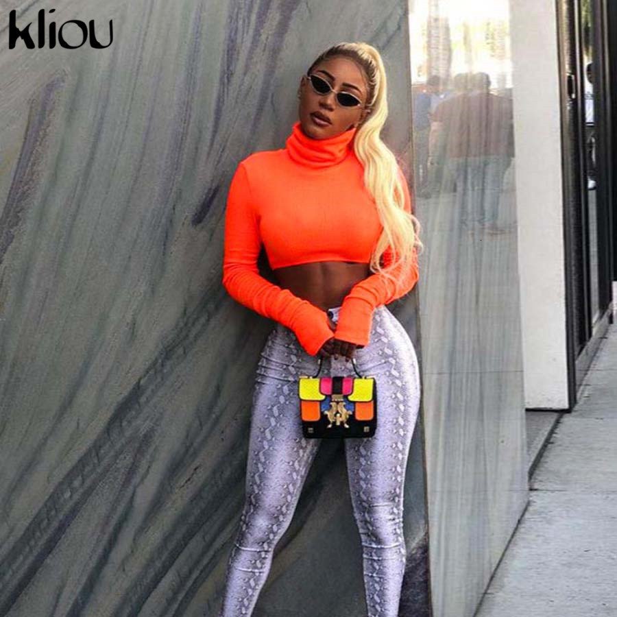 Kliou 2018 Autumn Winter Women Turtleneck Sweatshirts Full Sleeve Fluorescence Solid Color Female Short Pullovers Hoodies Tops C19041102
