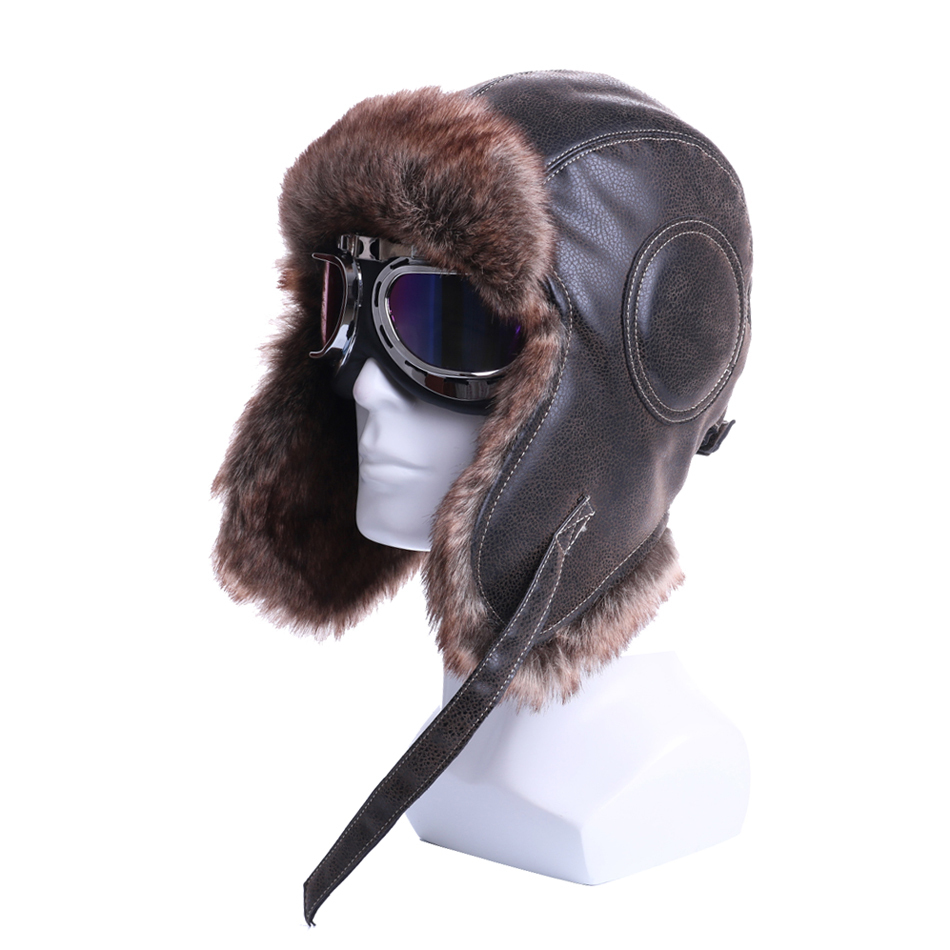 Winter Bomber Hats Plush Earflap Russian Ushanka with Goggles Men Women's Trapper Aviator Pilot Hat Faux Leather Fur Snow Caps D19011503