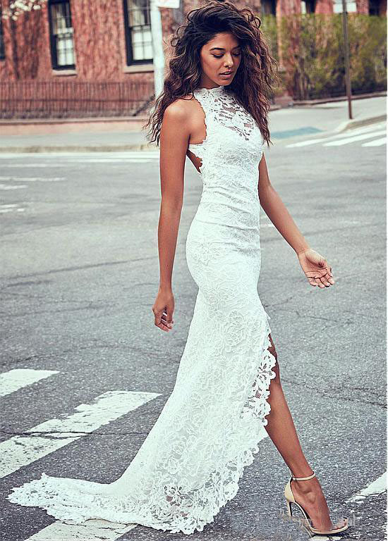 2019 New Summer Bohemian Sexy Backless Sheath Wedding Dresses Halter High Splits Lace Wedding Gowns Beach Bridal Dress Custom Made, White
2019 New Summer Bohemian Sexy Backless Sheath Wedding Dresses Halter High Splits Lace Wedding Gowns Beach Bridal Dress Custom Made, White