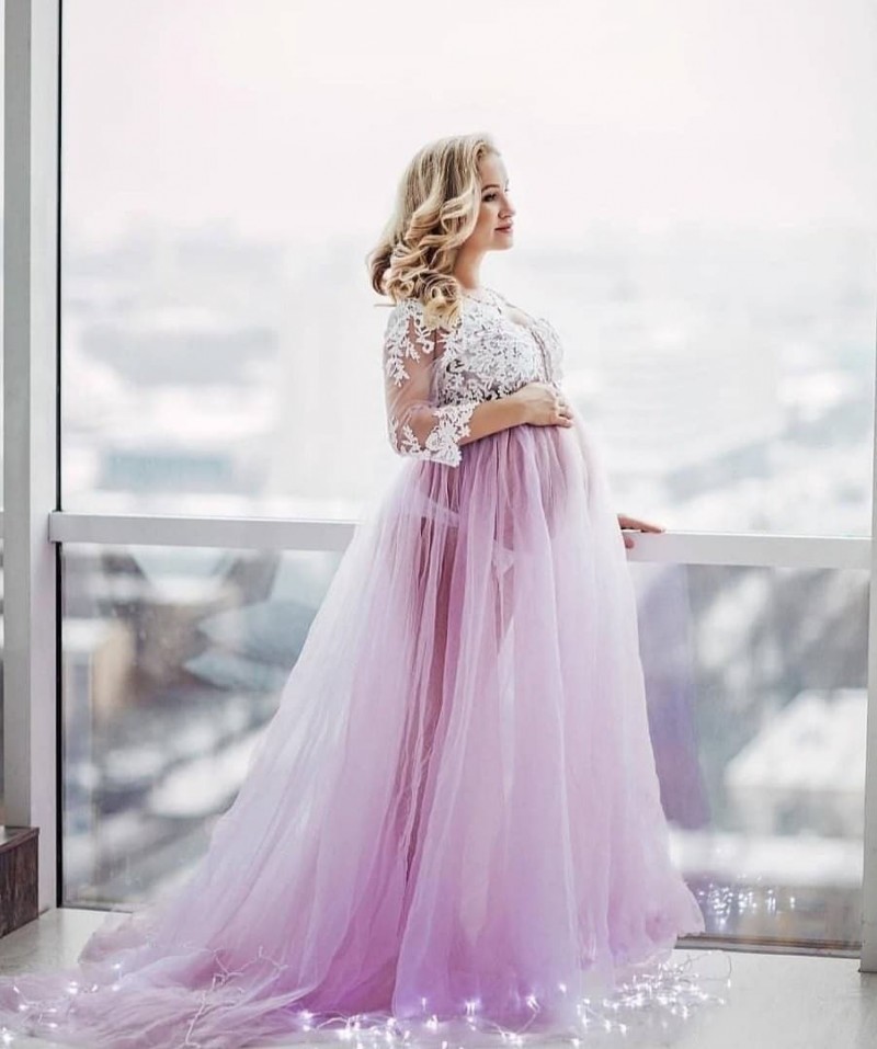 Modest A Line maternity Evening Prom Dress V Neck Long Sleeve Tulle Lace Party Dress Sweep Train Applique robes de soirée