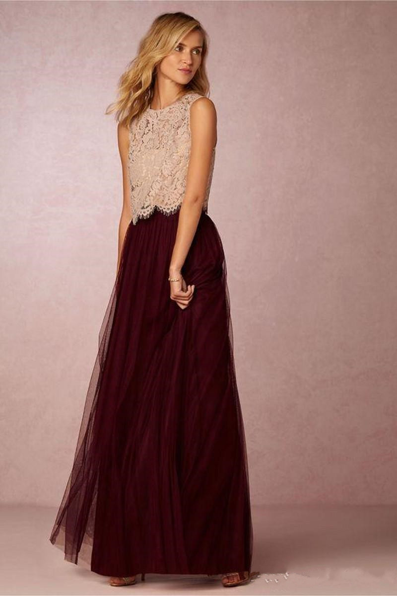 2019 New Trends Two Pieces Bridesmaid Dresses Lace Bodice Tulle Skirt Burgundy Grey Mint Sheer Crew Neck Full Length Elegant Prom Dresses
