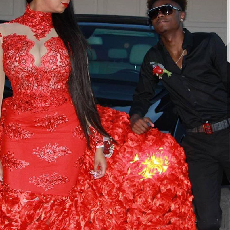 New Design Red African Mermaid Prom Dresses 2019 High Neck Long Sleeves Lace Appliques Court Train Formal Evening Gowns Party Dress