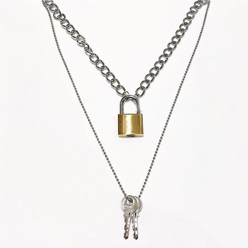 Cool Punk Gothic Men Women Unisex 2 in 1 Heavy Duty Chain Choker Squre Lock Collar Metal Link Key Necklace CJ191221
