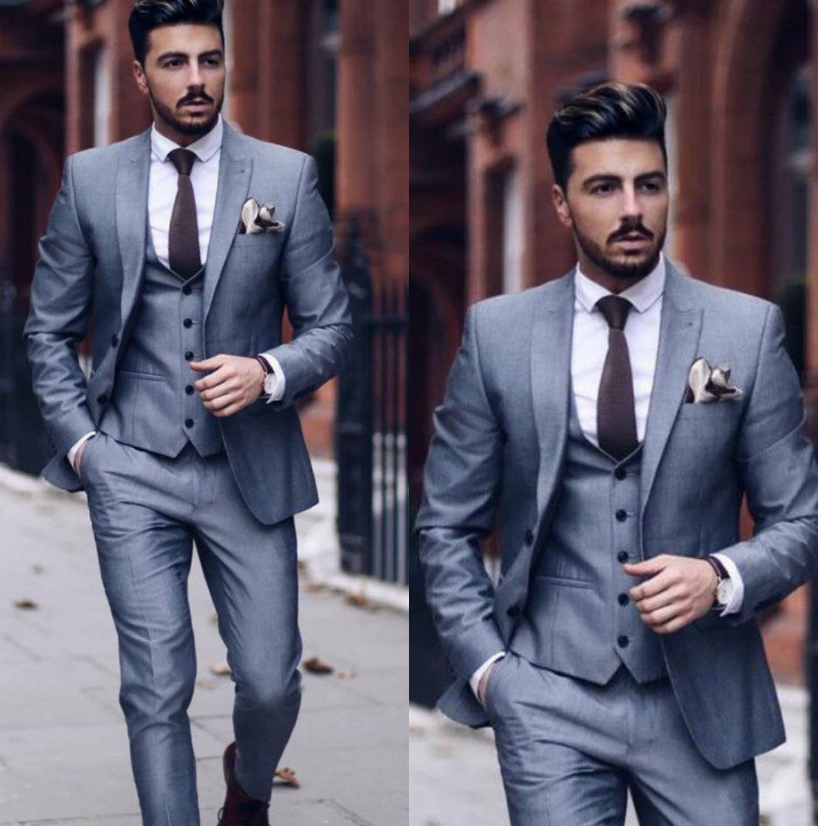 Grey Business Men Suits for Wedding Lapel Gentle Groom Wear Slim Fit Groomsmen Wedding Tuxedos 3 Piece (Jacket Pants Vest)Best Man Blazer