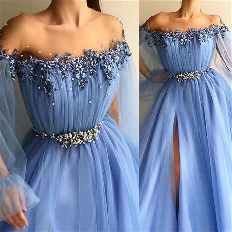 Glamorous Light Blue Prom Dresses 2019 A Line Sheer Neck Long Sleeve Tulle Evening Gowns High Split Quinceanera Dresses robes de soirée