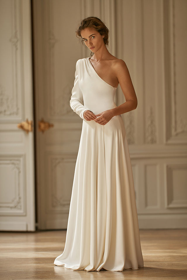 Liz Martinez 2020 Split Wedding Dresses Simple One Shoulder Long Sleeve Beach Boho A Line Satin Bridal Gowns Vestido De Novia