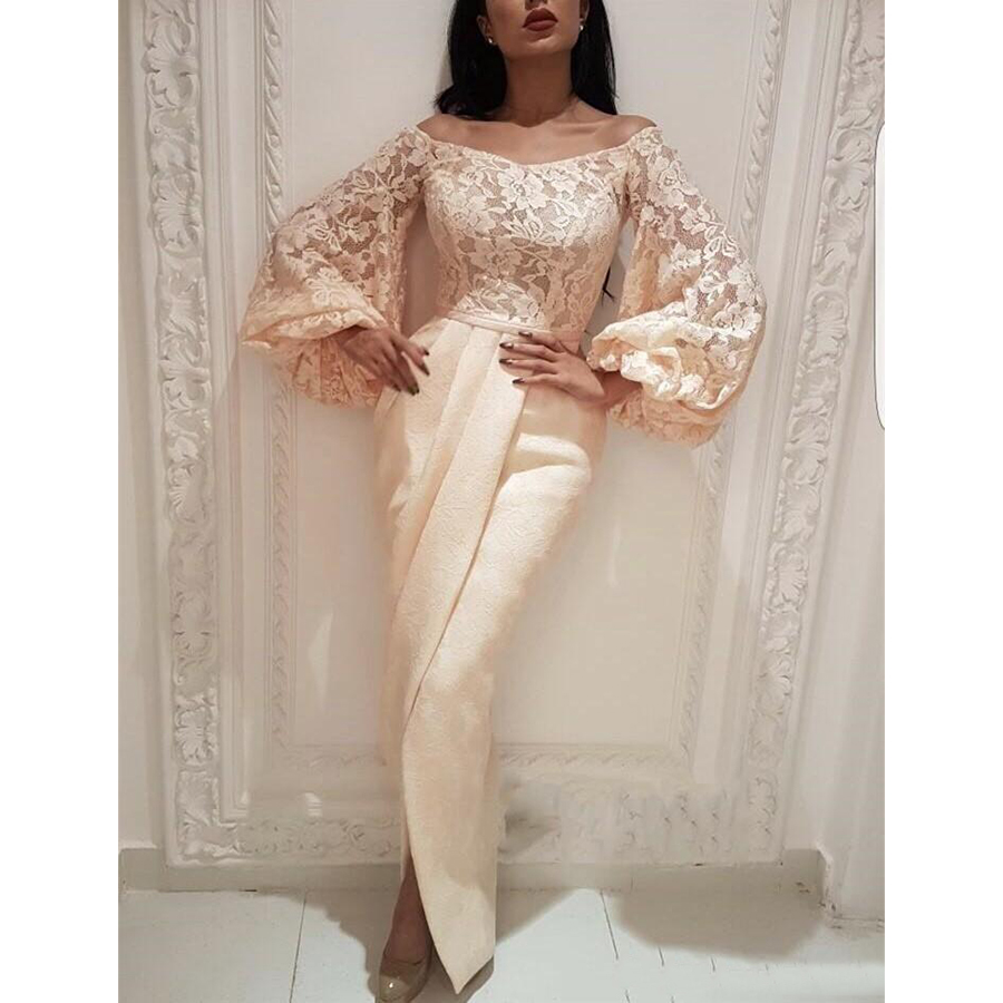 2019 Ivory Lace Mermaid African Prom Dresses With Poet Long Sleeve Off The Shoulder Side Split Formal Party Gowns Zipper Back Evening Dress