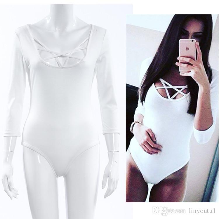2020 Hot Sexy Women 3/4 Sleeve Bodysuit Bodycon Lady Leotard Body Tops Jumpsuit T-shirt V Neck Hollow out Bodysuit