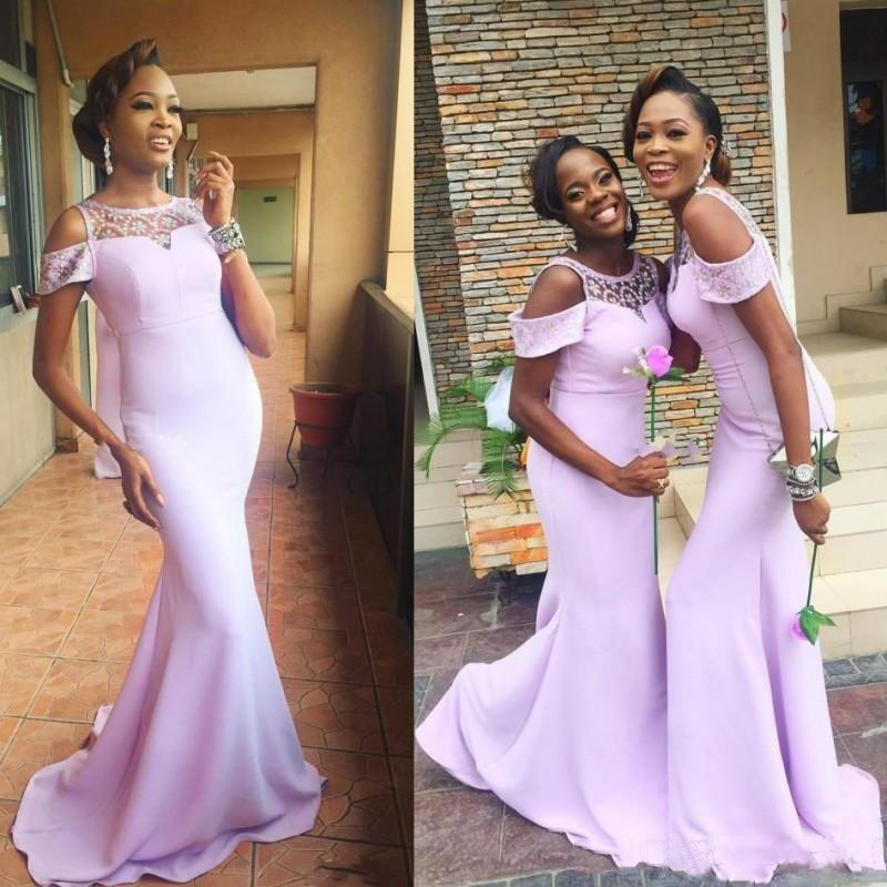 Lilac Beaded Mermaid Bridesmaid Dresses Sheer Bateau Neck Wedding Guest Dress Sweep Train Satin Country Maid Of Honor Gowns