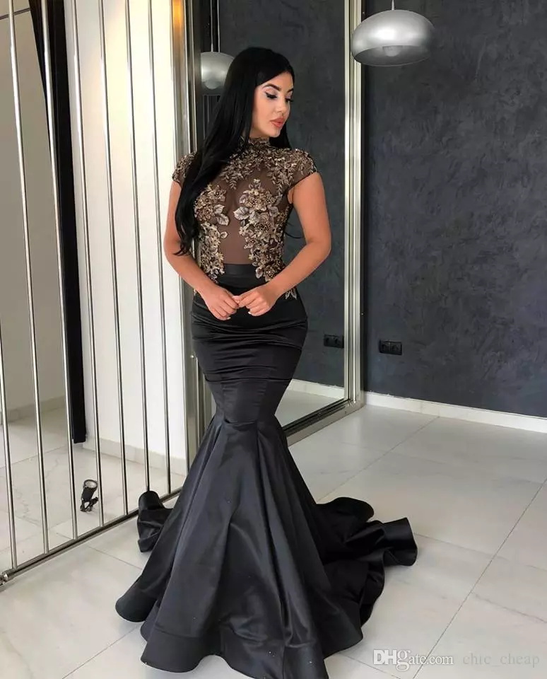 Black High Neck Prom Dresses Lace Illusion Bodice Appliqued Pearls Short Sleeves Mermaid Evening Dress Satin Skirt Sweep Train Lady Gowns