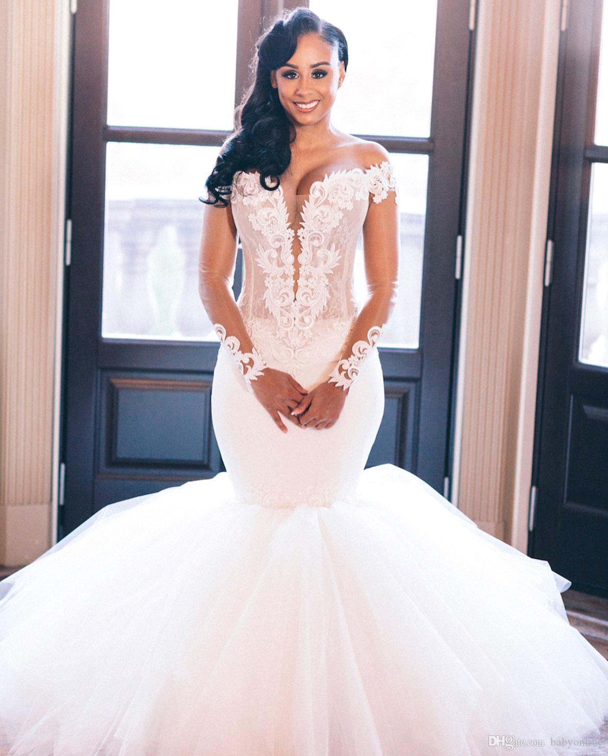 2020 Modern African Plus Size Wedding Dresses Mermaid V Neck Off the Shoulder Long Sleeve Ruched Ruffles Appliques Bridal Gowns