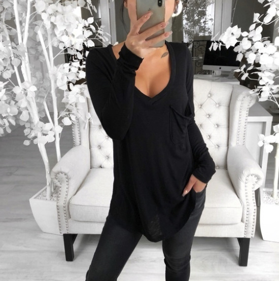 Spot 2021 European Spring and Summer Fashion Long Sleeve Sexy V-neck Solid Color Turtleneck T-Shirt Support Mixed Batch