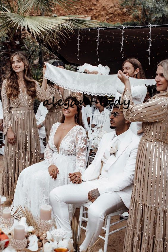 Berta Long Sleeve 2020 Wedding Dresses 3D Floral Full Lace Plus Size V-neck Backless Outdoor Bohemian Garden Country Wedding Gown