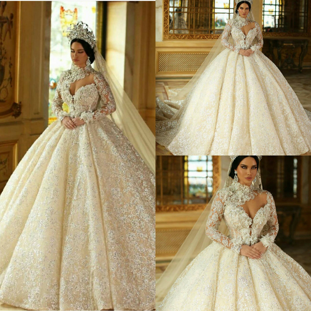 Princess Lace Wedding Dresses High Collar Long Sleeves Appliqued Beads Sequins Bridal Gowns Sweep Train Ball Gown Wedding Dress, Silver
Princess Lace Wedding Dresses High Collar Long Sleeves Appliqued Beads Sequins Bridal Gowns Sweep Train Ball Gown Wedding Dress, Silver