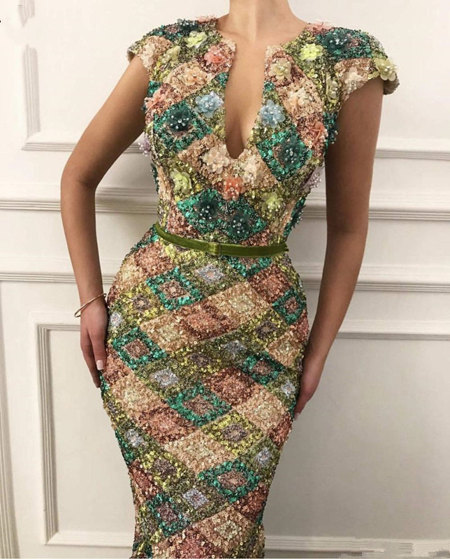 Sequins Long Mermaid Prom Dresses 2020 Sparkly Elegant Cap Sleeve V-neck Arab Women Trumpet Occasion Evening Gown robe de soiree