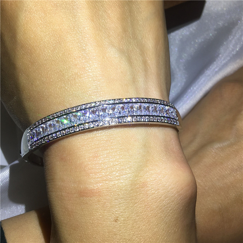 Rulalei Sparkling Hot Sale Jewelry Sterling Sier Full Princess White Topaz CZ Dia Gemstones Women Bracelet Bridal Bangle