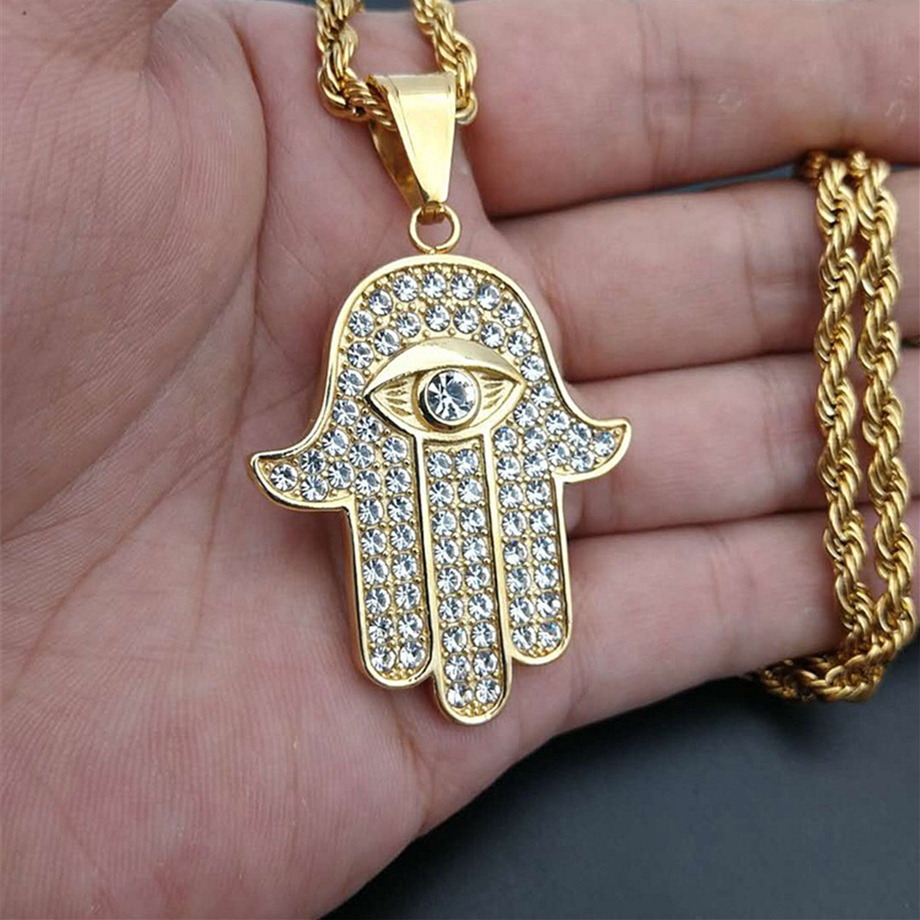 Stainless Steel Hamsa Hand of Fatima Pendant & Chain Male Gold Color Paved Rhinestones Palm Necklaces For Men Turkish Jewelry
Stainless Steel Hamsa Hand of Fatima Pendant & Chain Male Gold Color Paved Rhinestones Palm Necklaces For Men Turkish Jewelry