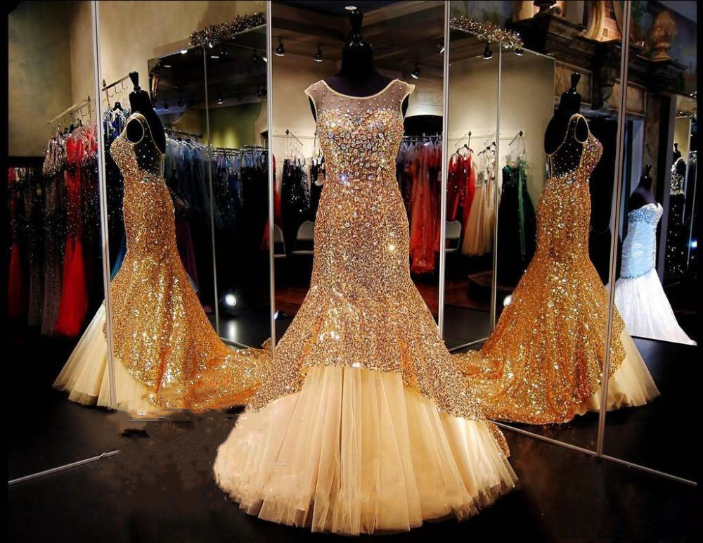 Glitter Gold Sequined Mermaid Prom Dresses Crystals Beaded Illusion Back Sparkly Formal Trumpet Evening Gowns Sweep Train Vestidos de soriee