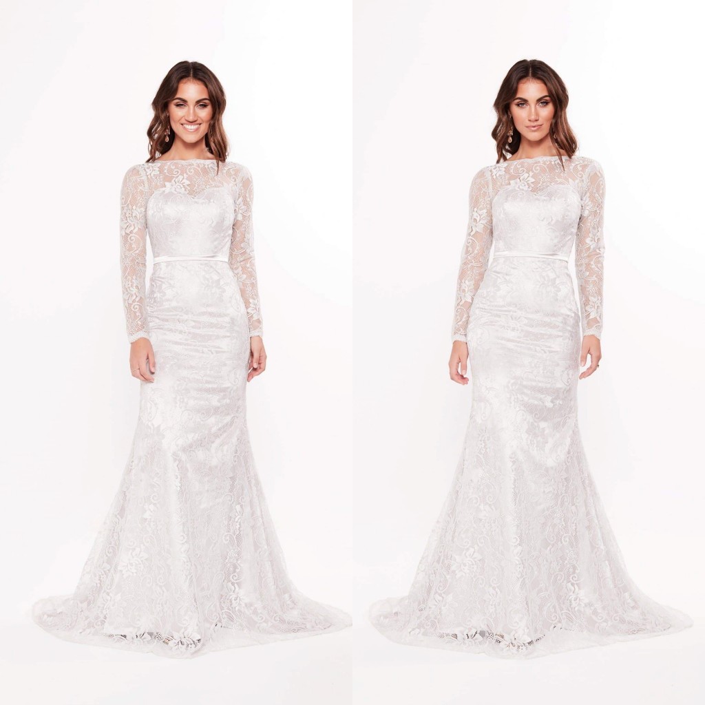 Elegent Mermaid Rita Vinieris Wedding Dresses Jewel Neck Long Sleeve Applique Sash Wedding Gown Sweep Train Custom robe de mariée