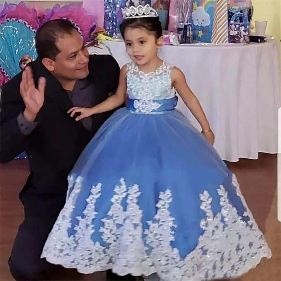 New Cheap Girls Pageant Dresses Cute Jewel Neck Lace White Appliques Sleeveless Sash Bow Ball Gown Kids Birthday Flower Girls Dresses