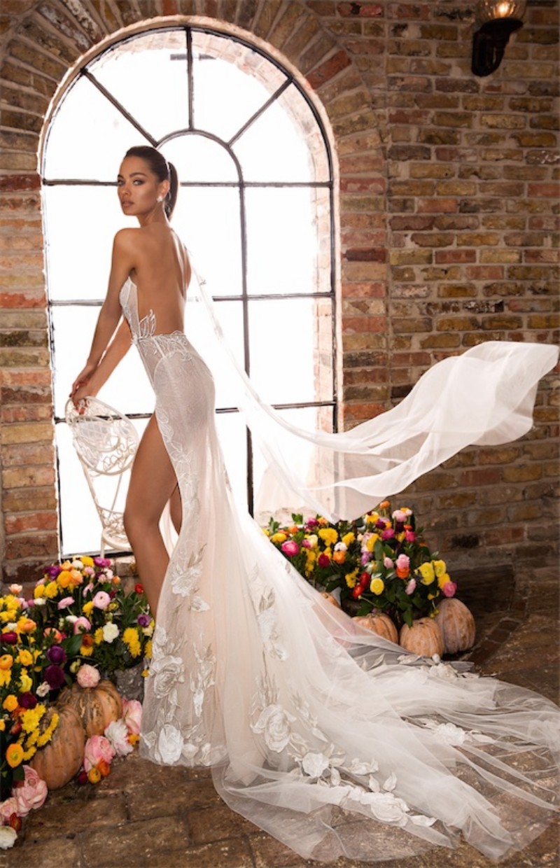 elihav sasson sexy beach wedding dresses high split slit mermaid lace appliqued beads sweep train bridal gowns custom made