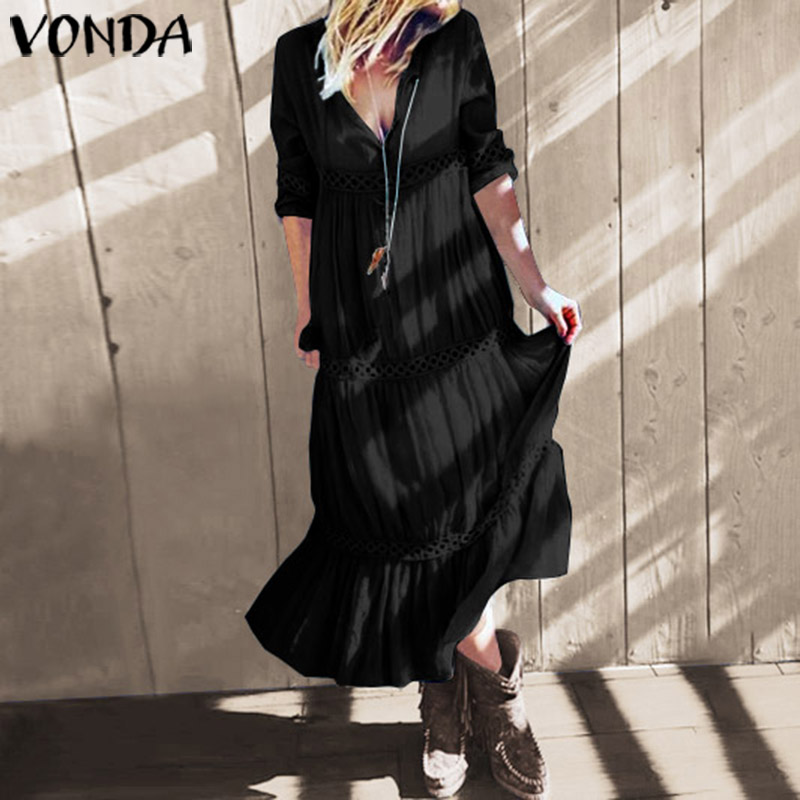 2020 Summer Bohemian Dress Women Vintage Long Sleeve Ruffled Maxi Long Dress Plus Size Sundress VONDA Casual Loose Party Vestido, Black 
2020 Summer Bohemian Dress Women Vintage Long Sleeve Ruffled Maxi Long Dress Plus Size Sundress VONDA Casual Loose Party Vestido, Black