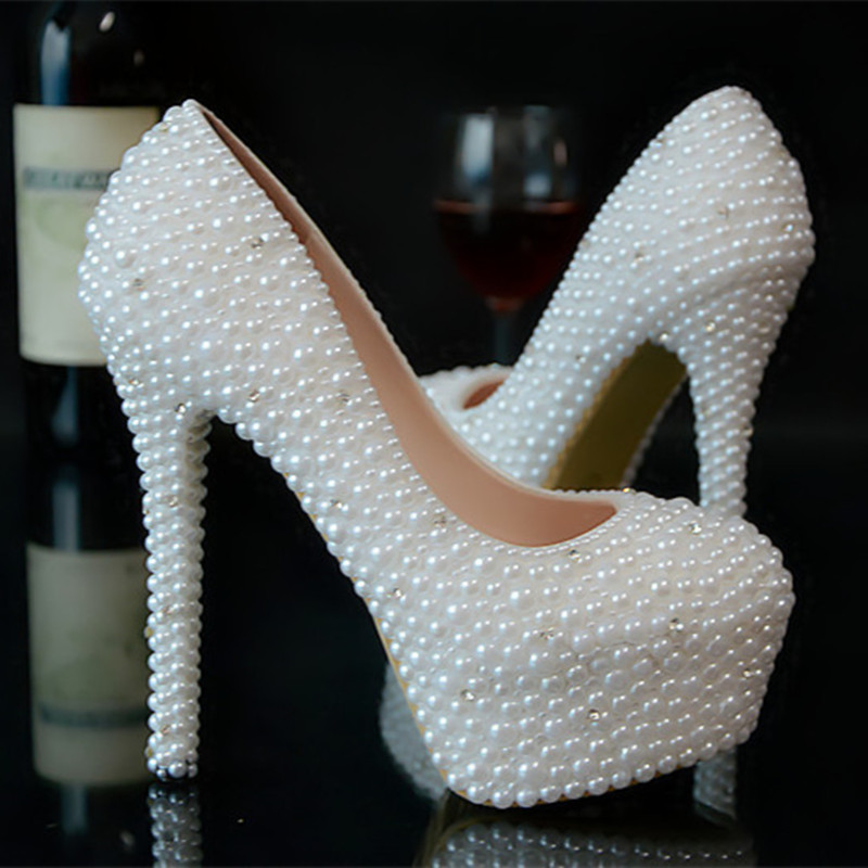 Glitter Wedding Shoes Pearls Beads Pumps High Heels Bridal Shoes Small Diamond 5cm 8cm 11cm 14cm Bling Bling Prom Shoes for Lady