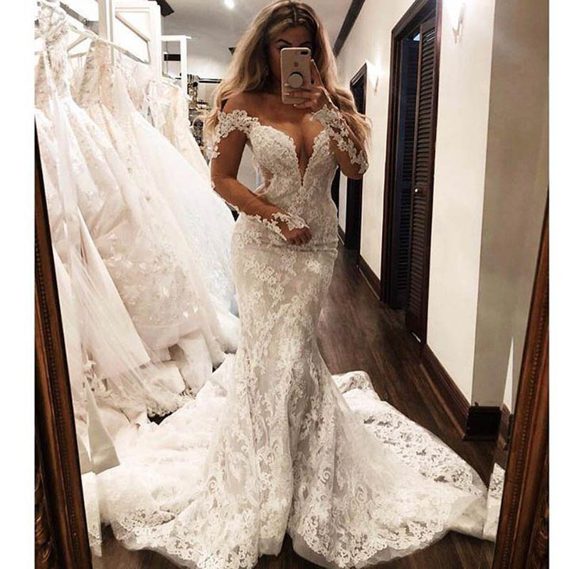 Gorgeous Lace Mermaid Sweep Train Wedding Dresses 2020 Off The Shoulder Long Sleeves Bridal Gowns Engagement Dresses Plus Size