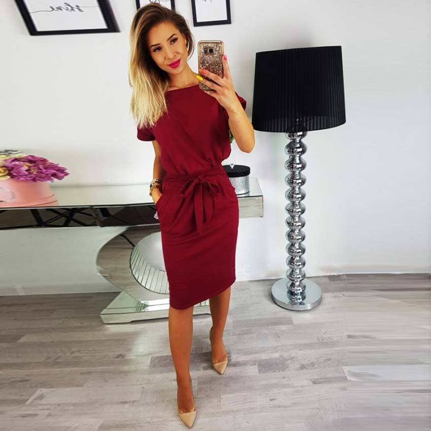 hot sale Summer Casual Women's Dress Sexy Short Sleeve Slim With Belt Dresses Pockets Elegant Party Dress Feminina Vintage
