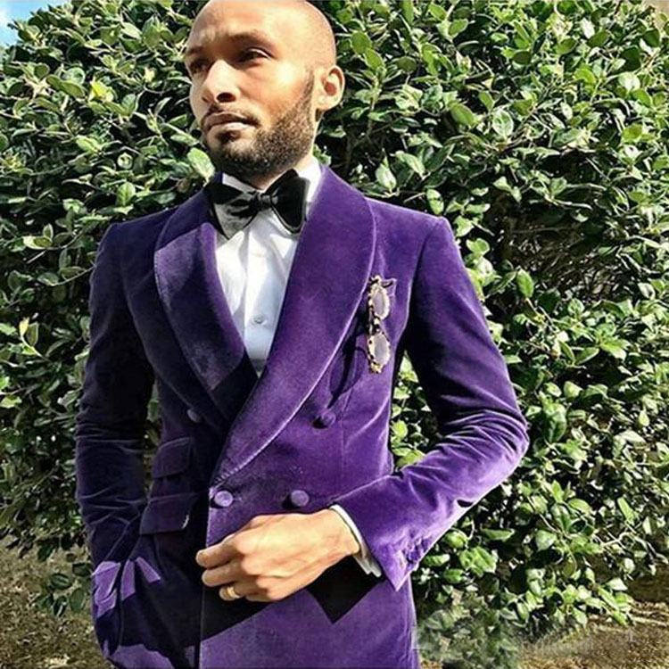Handsome Velvet Double Breasted Groom Shawl Lapel Wedding Tuxedos Men Suits Prom Dinner Best Man Blazer(Jacket+Pants)