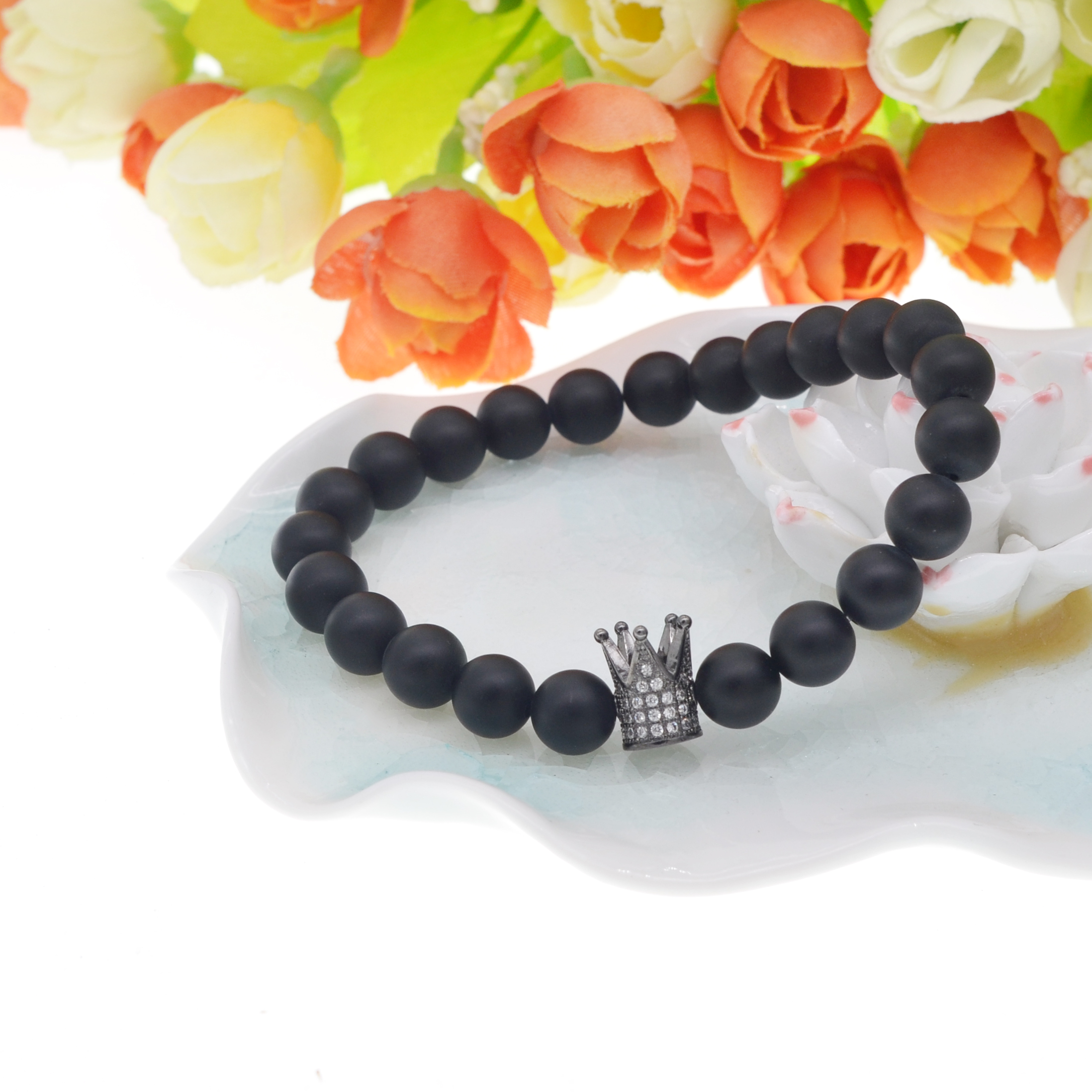 Men's and Women's Matte Black Agate Beads Gemstone Bracelet Wrist Crown Gift Bracelet