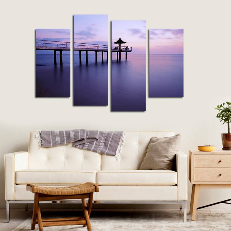 4pcs/set Unframed Purple Seaside and the Bridge Print On Canvas Wall Art Picture For Home and Living Room Decor