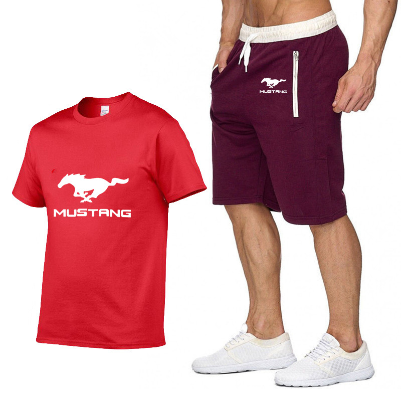 Mens Short sleeve Mustang car Logo Summer Mens t Shirt Harajuku T-Shirt high quality Cotton T Shirts shorts suit 2Pcs Sportswear T200224