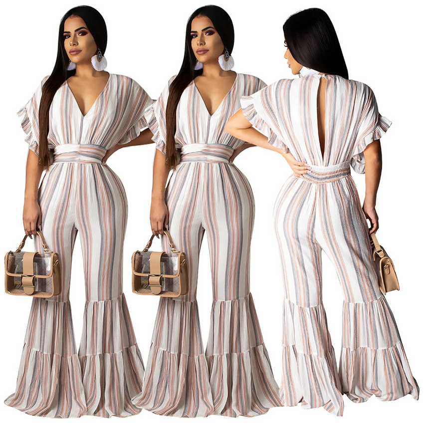 Jumpsuits European spring and summer temperament women's print large swing sleeve striped jumpsuit support mixed batch