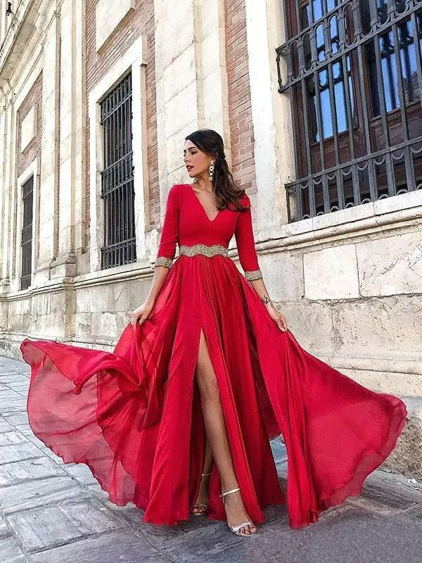 A Line Chiffon Prom Dresses Red 3/4 Long Sleeves Floor Length Evening Gowns With Side Split Pageant Dress Women Formal Wear