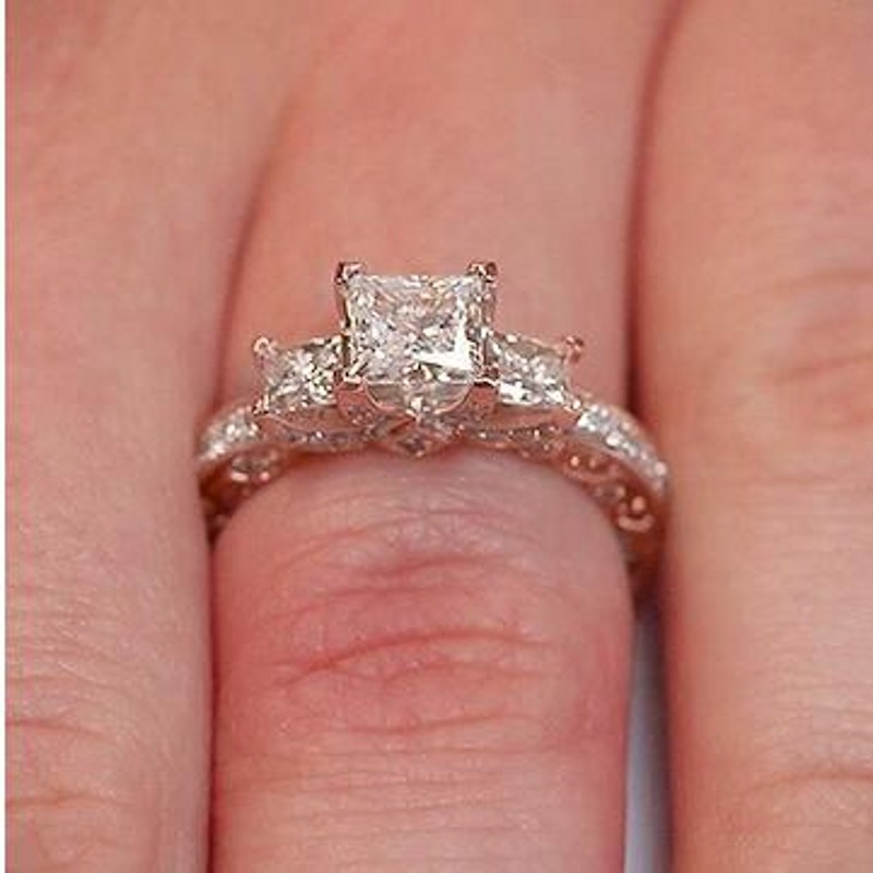 Sterg Sier & Rose Gold Vintage Three Stone Topaz CZ Wedding Ring for Women - Bohemian, Celtic, Animal Pattern 4